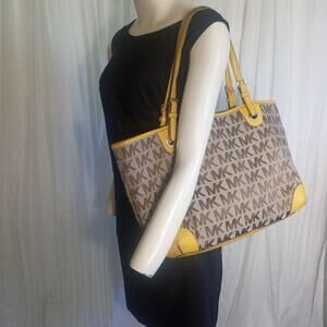 MICHAEL Michael Kors Logo Canvas Yellow Leather Shoulder Bag Brown Travel Laptop